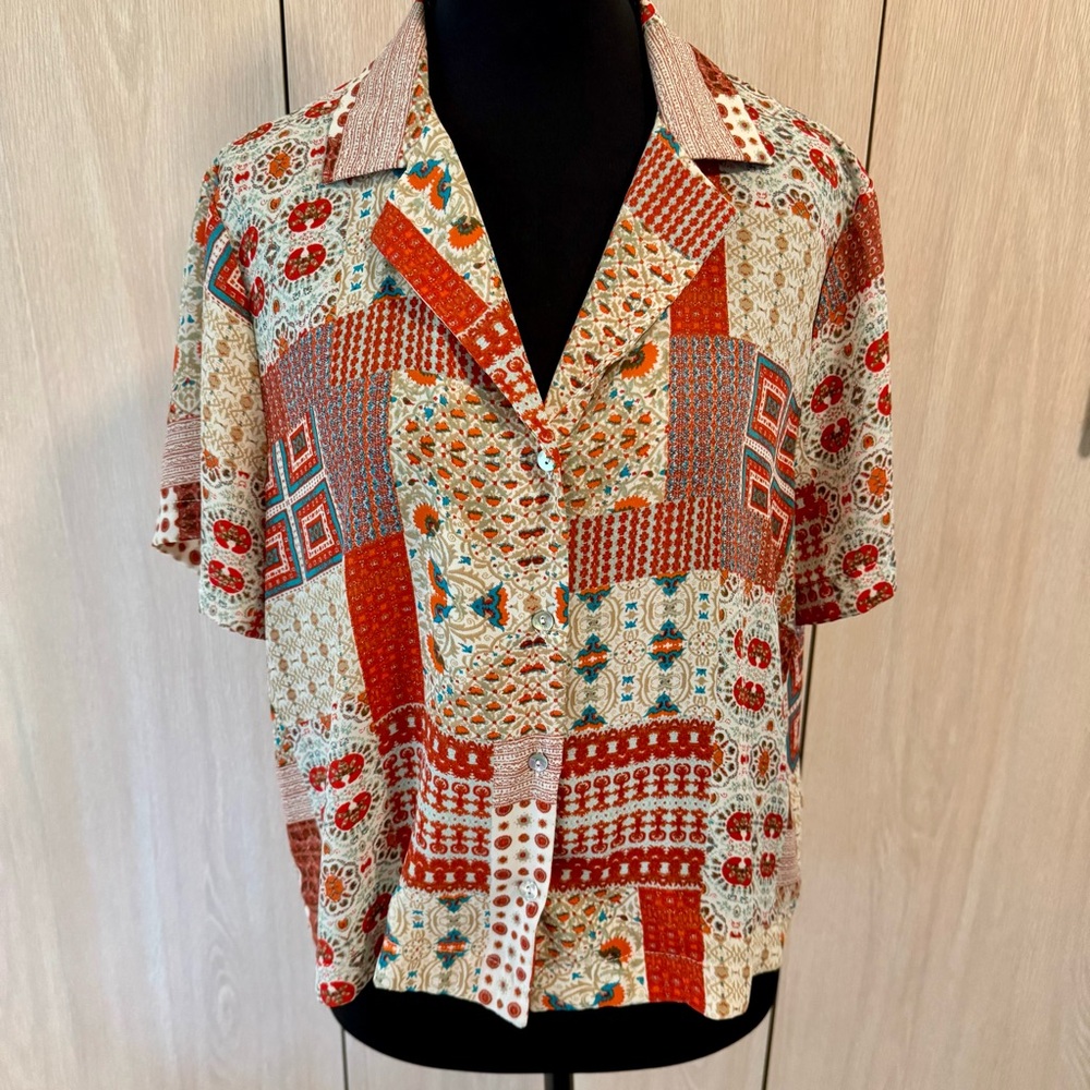 Rose & Olive Red and Cream Patchwork Blouse with Short Sleeves Retro 70s look